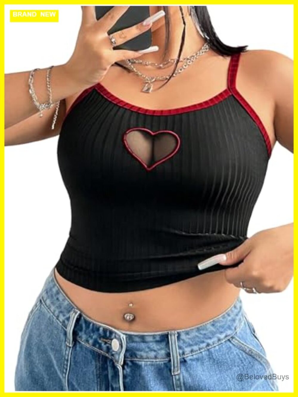 Plus Size Contrast Mesh Cut Out Cami Crop Top Spaghetti Strap Slim Fit